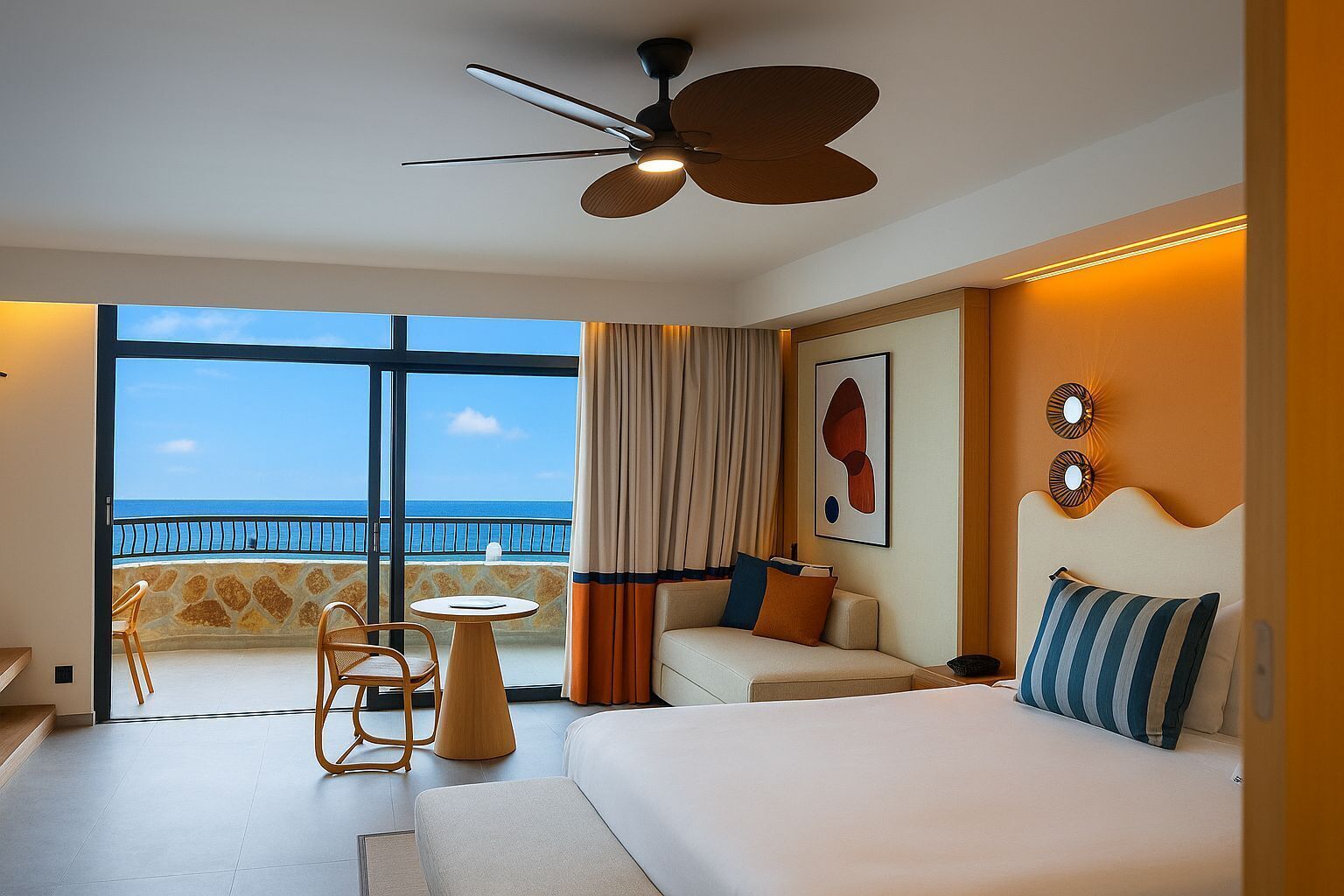 Une chambre d’hôtel avec un balcon, un lit, un canapé, une table et un ventilateur de plafond.