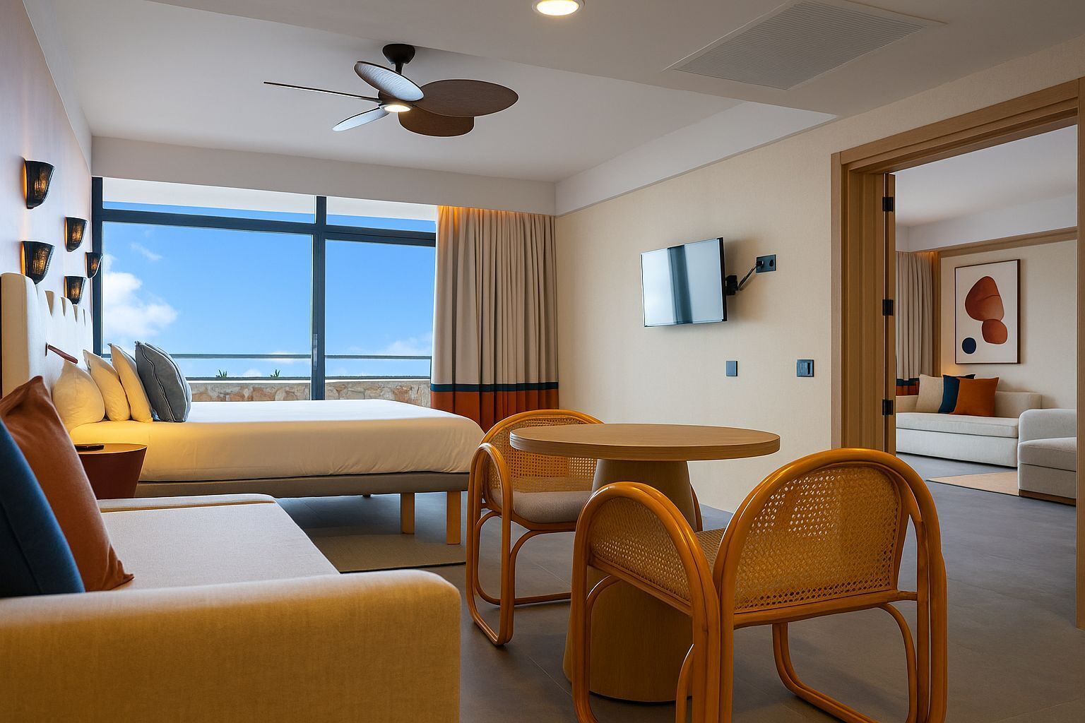 A hotel room with a bed, a round table with chairs, a TV, and a balcony with a view.