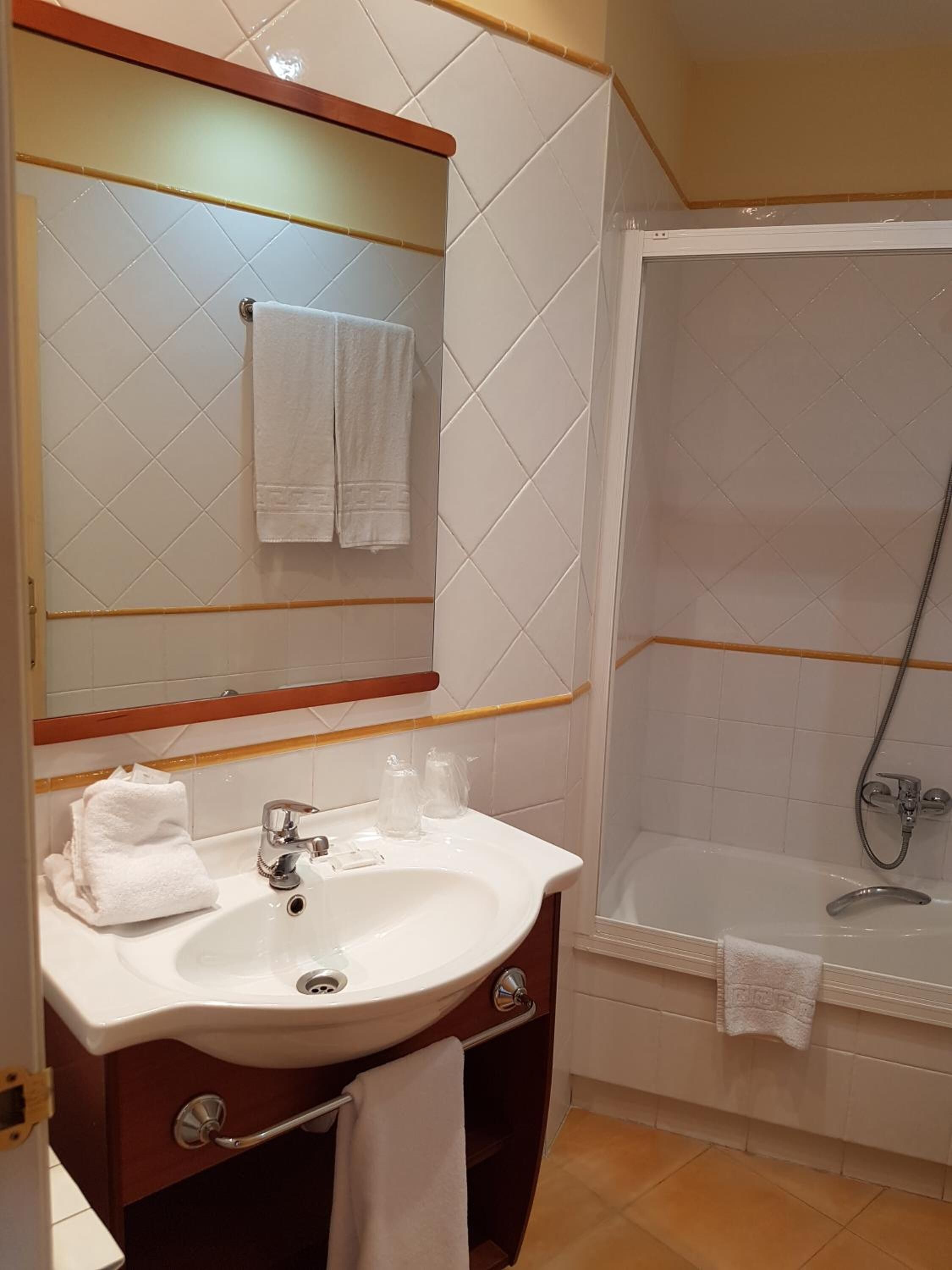 combined shower/bathtub, free toiletries, hair dryer, towels