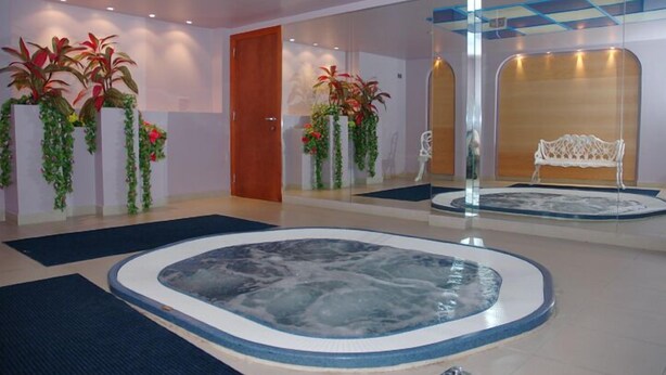 Un área de spa con una bañera de hidromasaje, puerta de madera y plantas en macetas.