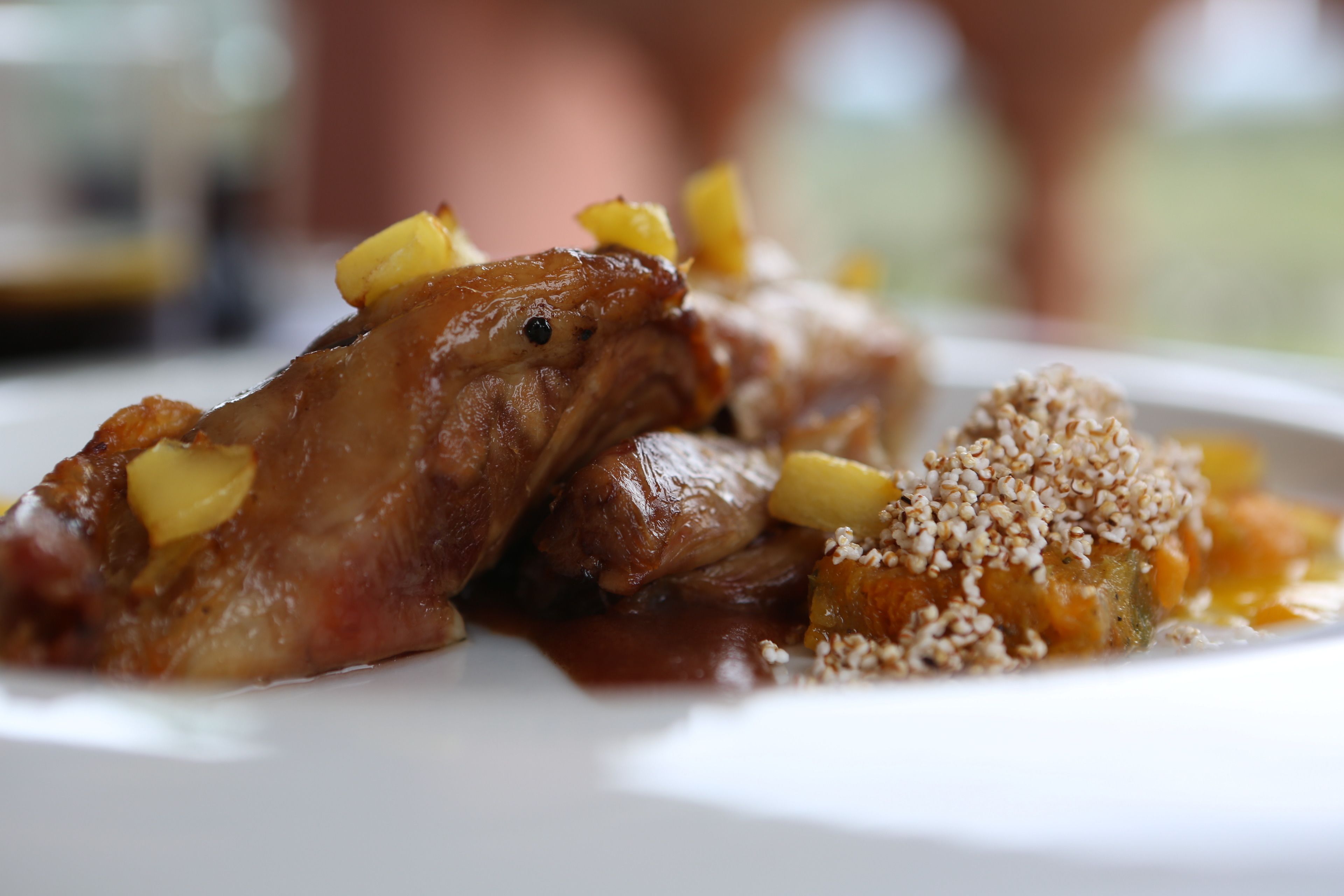 Un plato de comida con carne y papas.