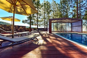 Outdoor pool, pool umbrellas, pool loungers