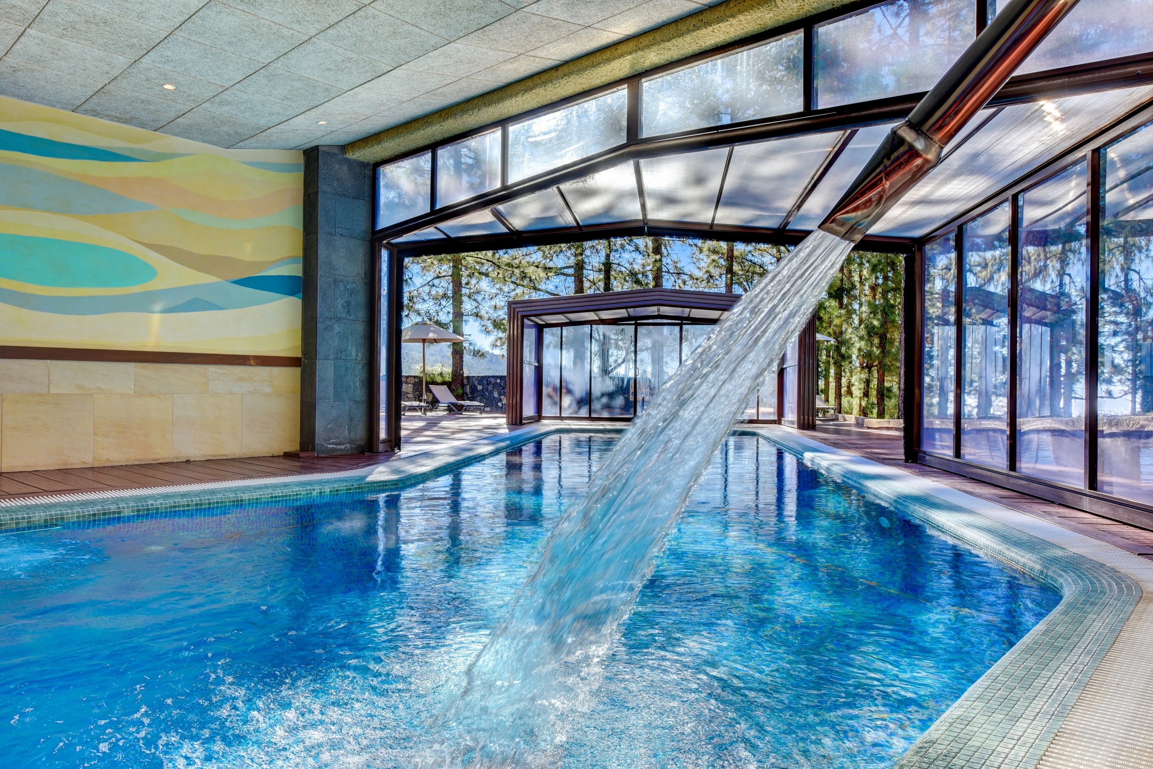 Outdoor pool, pool umbrellas, pool loungers