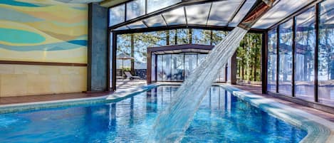 Outdoor pool, pool umbrellas, pool loungers