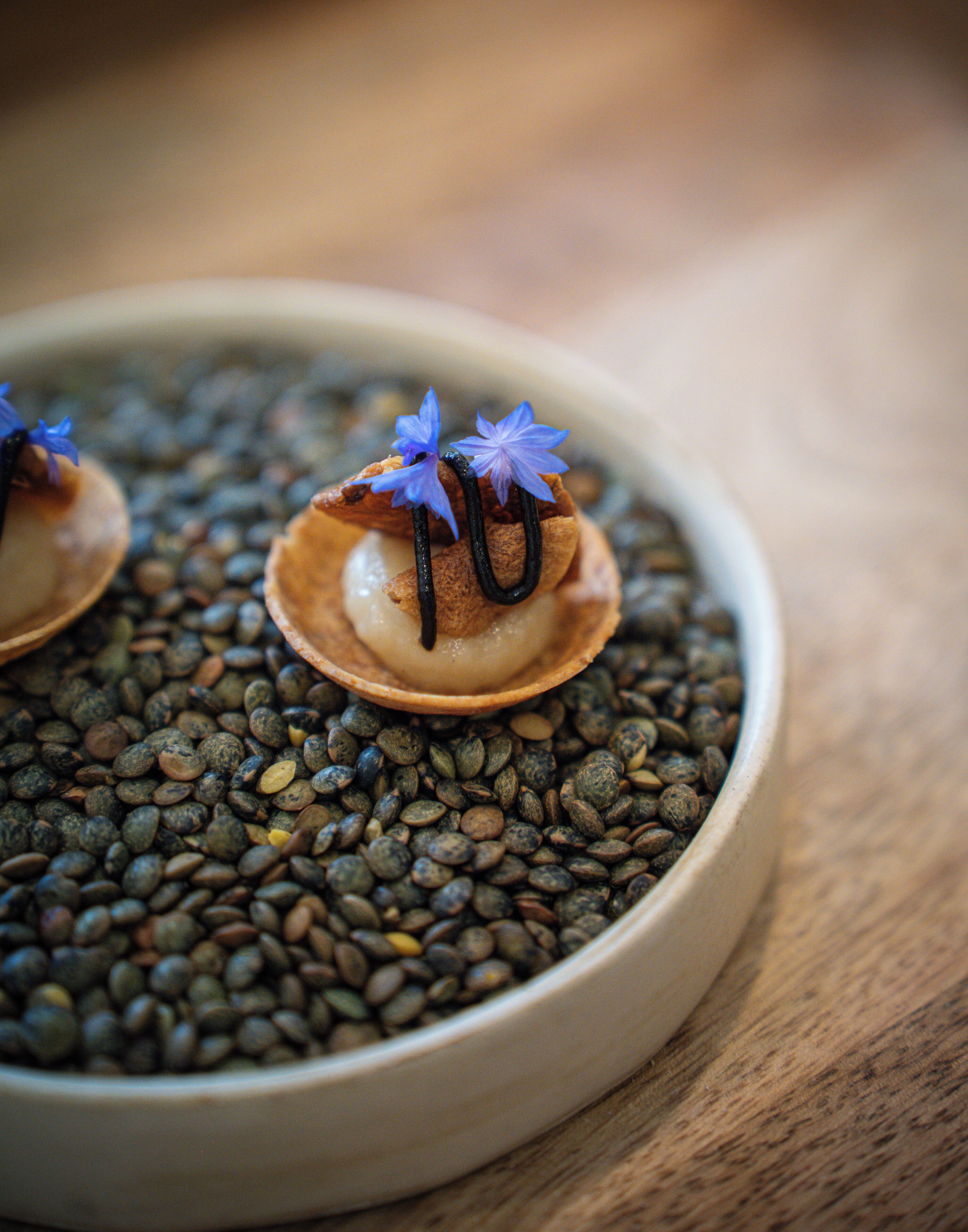 Un plato con un centro cremoso, cubierto con un hilo de chocolate y flores azules, rodeado de un tazón de semillas.