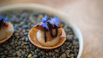 A dish with a creamy center, topped with a chocolate drizzle and blue flowers, surrounded by a bowl of seeds.