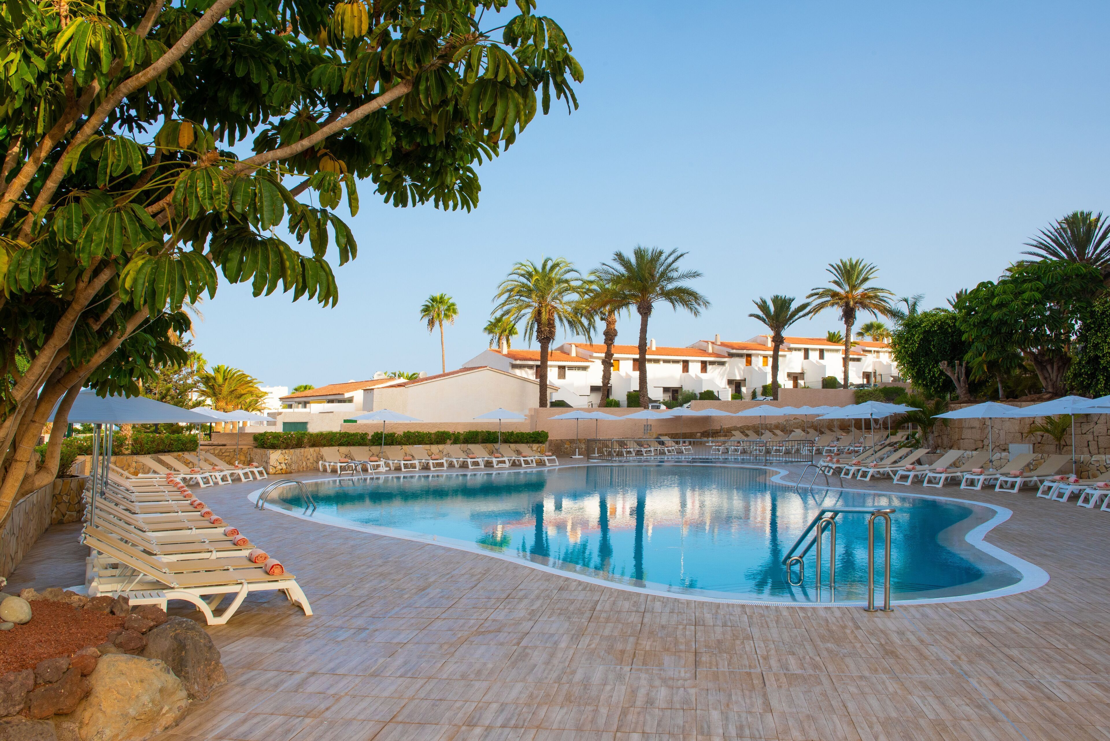 outdoor pool, pool umbrellas, pool loungers