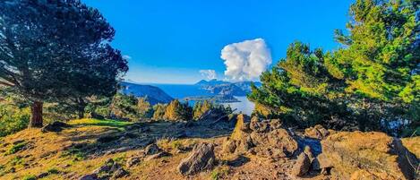 A mountainous landscape with a large body of water in the background, surrounded by dense forests and rocky terrain.