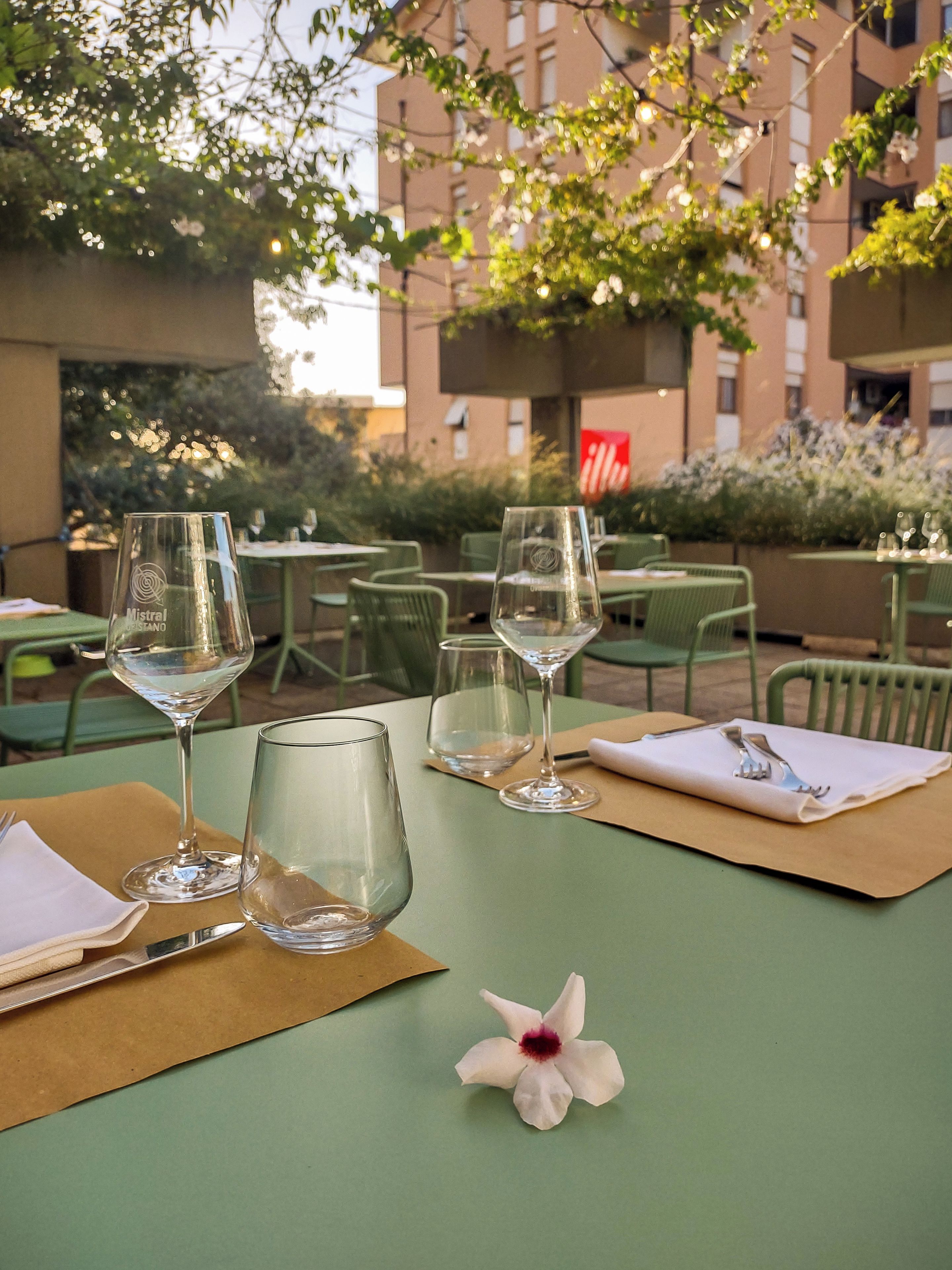 Un área de comedor al aire libre con mesas, sillas, copas de vino vacías y una flor sobre una mesa.