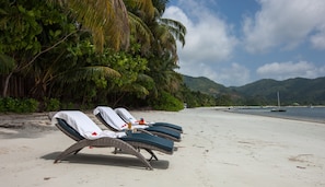 A beach with lounge chairs lined up, palm trees, and a view of the sea and mountains in the background.