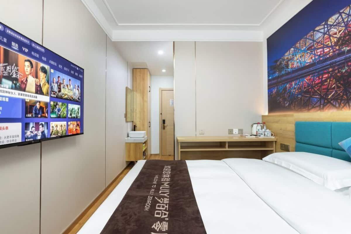 Una habitación de hotel con cama, escritorio, televisor en la pared y un cuadro de una montaña rusa.
