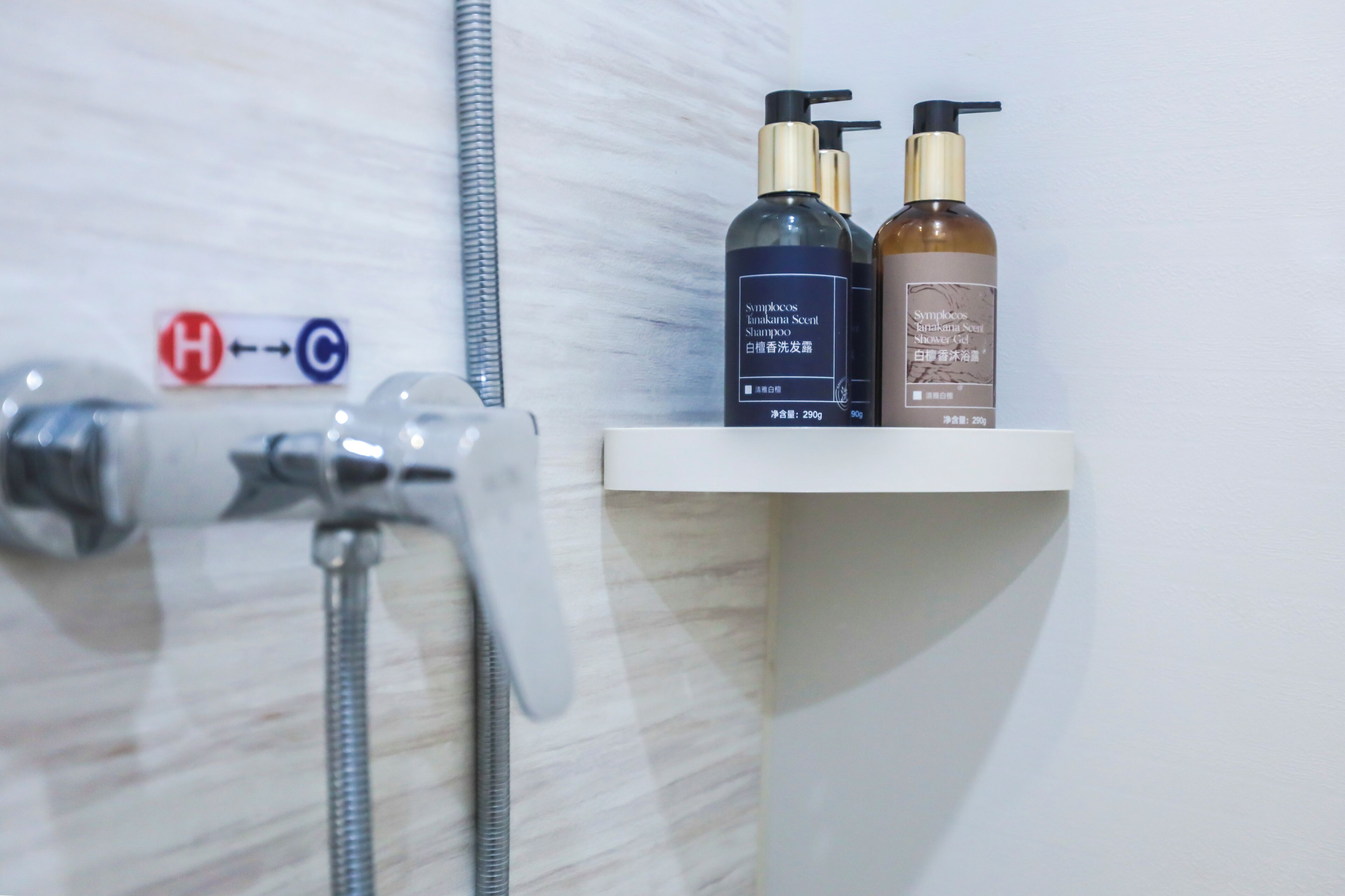 A bathroom with a shower and two bottles of shampoo on a shelf.
