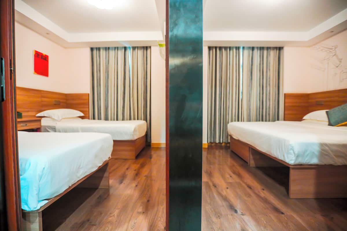 Habitación de hotel con dos camas, suelo de madera y un espejo grande.