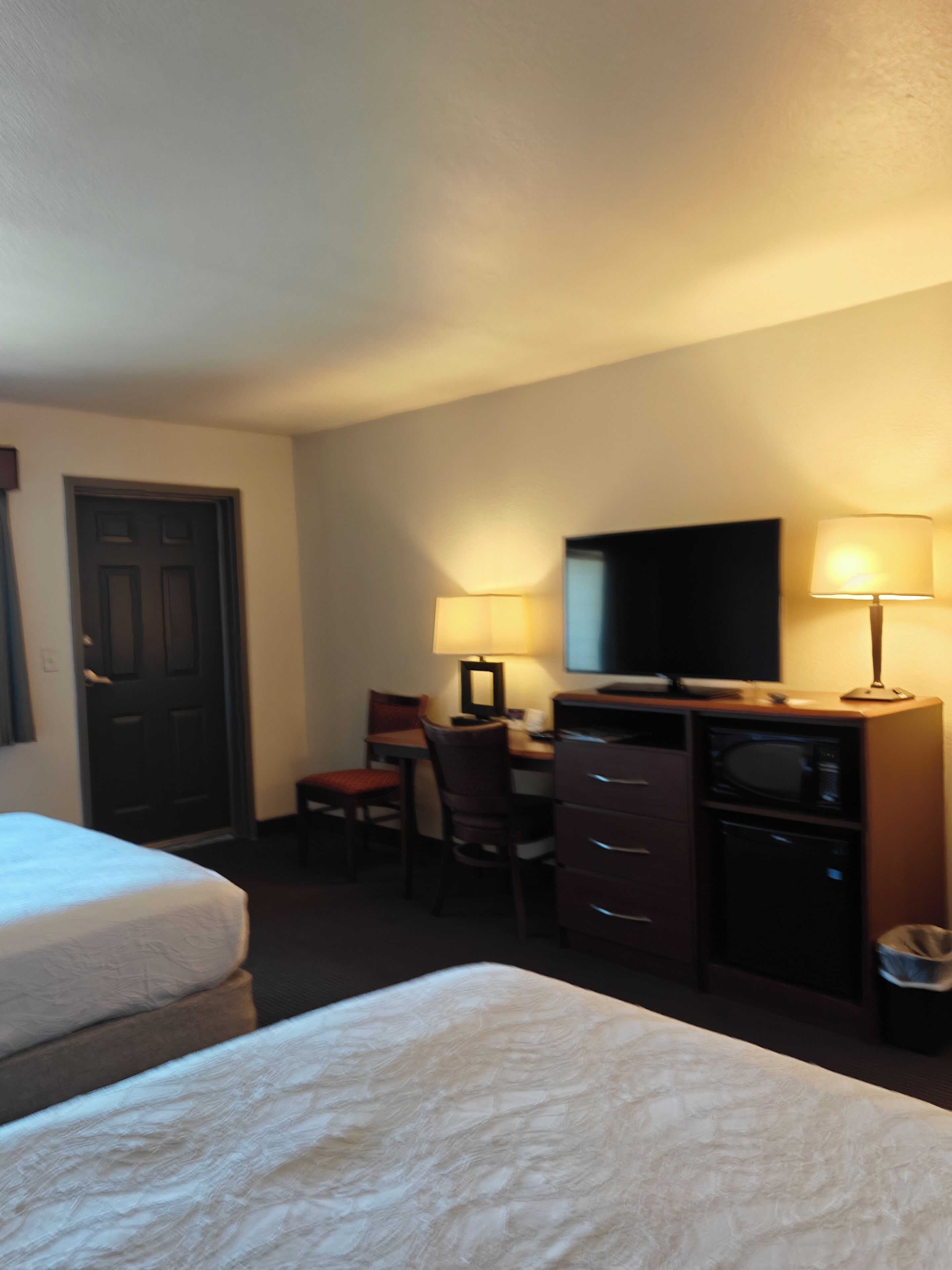 Habitación de hotel con dos camas, un escritorio con silla, televisor, lámpara y microondas.