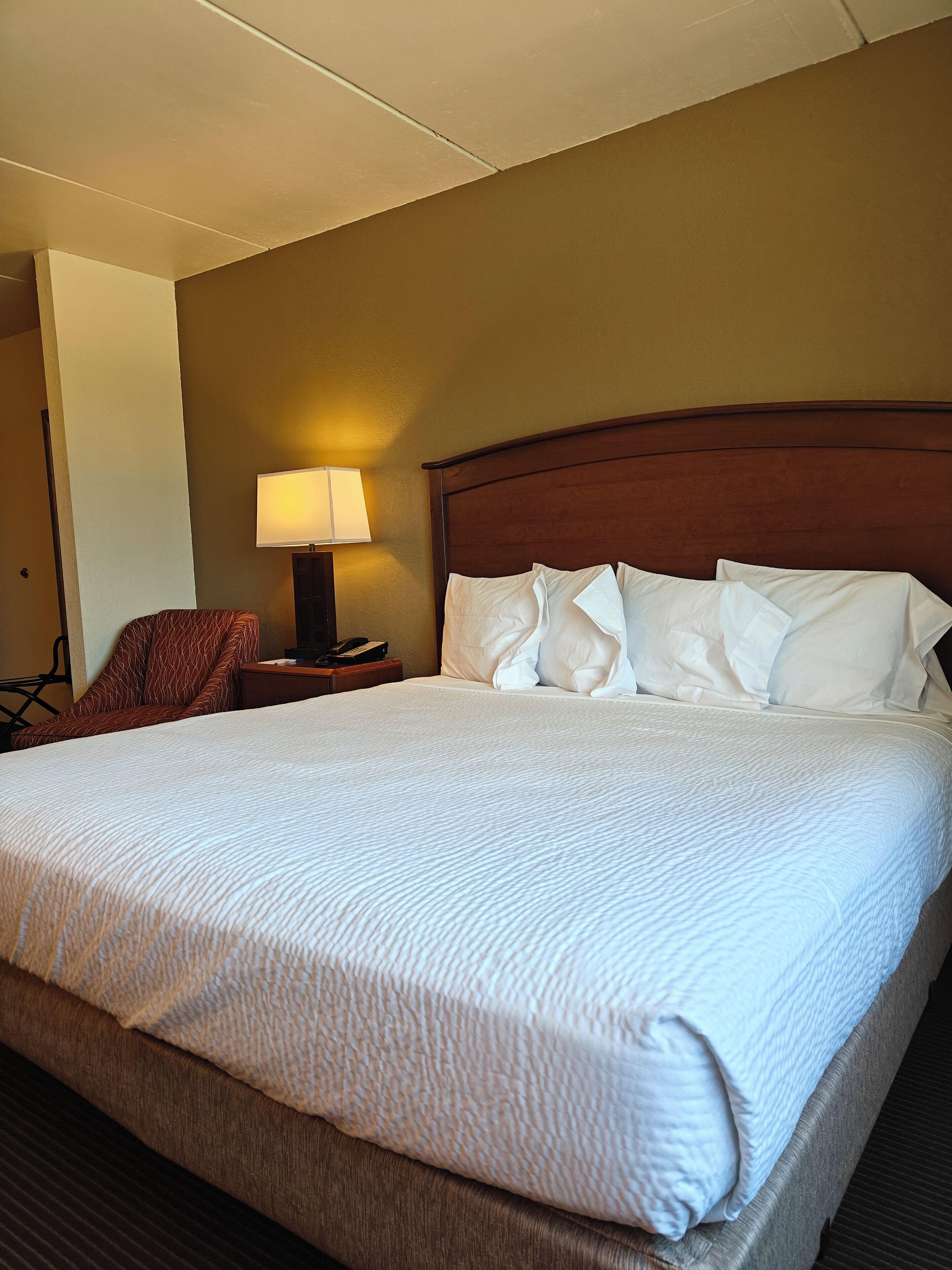 A hotel room with a large bed, a nightstand with a lamp, and a chair.