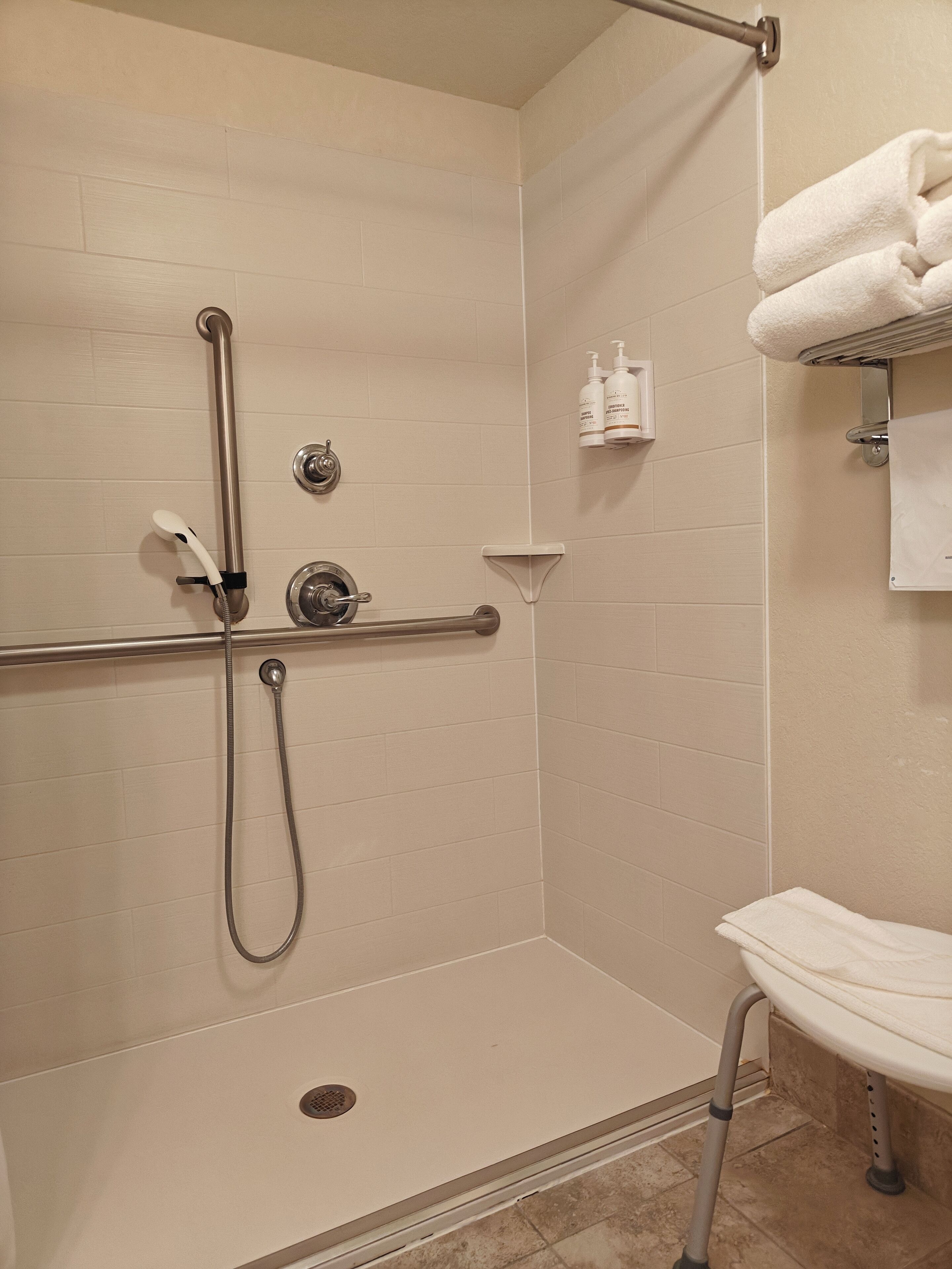 A shower with a grab bar, a handheld showerhead, and a wall-mounted faucet.