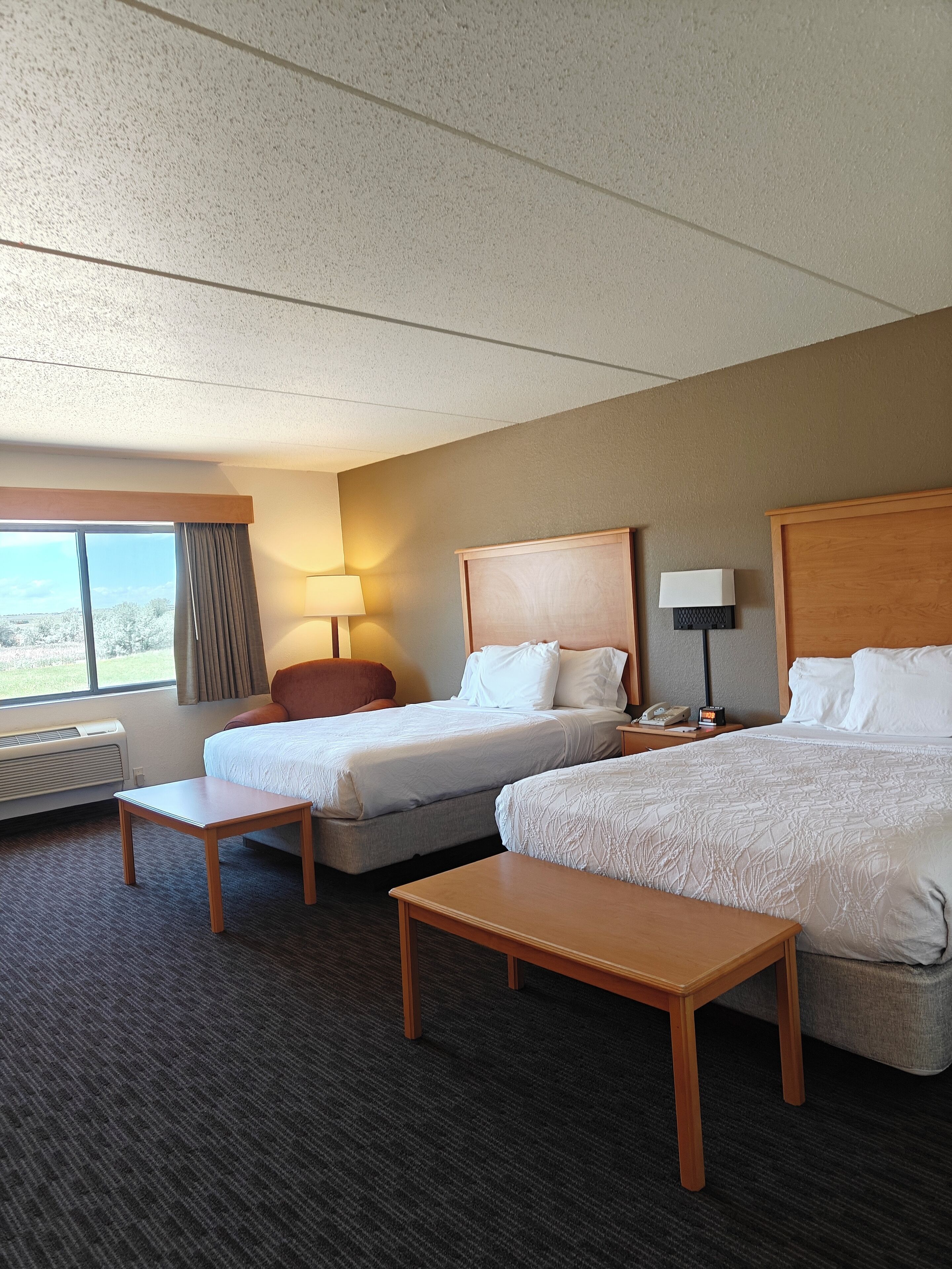 A hotel room with two beds, a desk, a chair, a lamp, and a view of the outdoors.