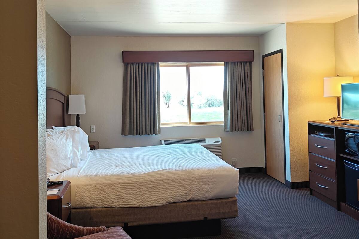 Une chambre d’hôtel équipée d’un lit, d’un bureau, d’une chaise, d’une télévision et d’une fenêtre avec des rideaux.