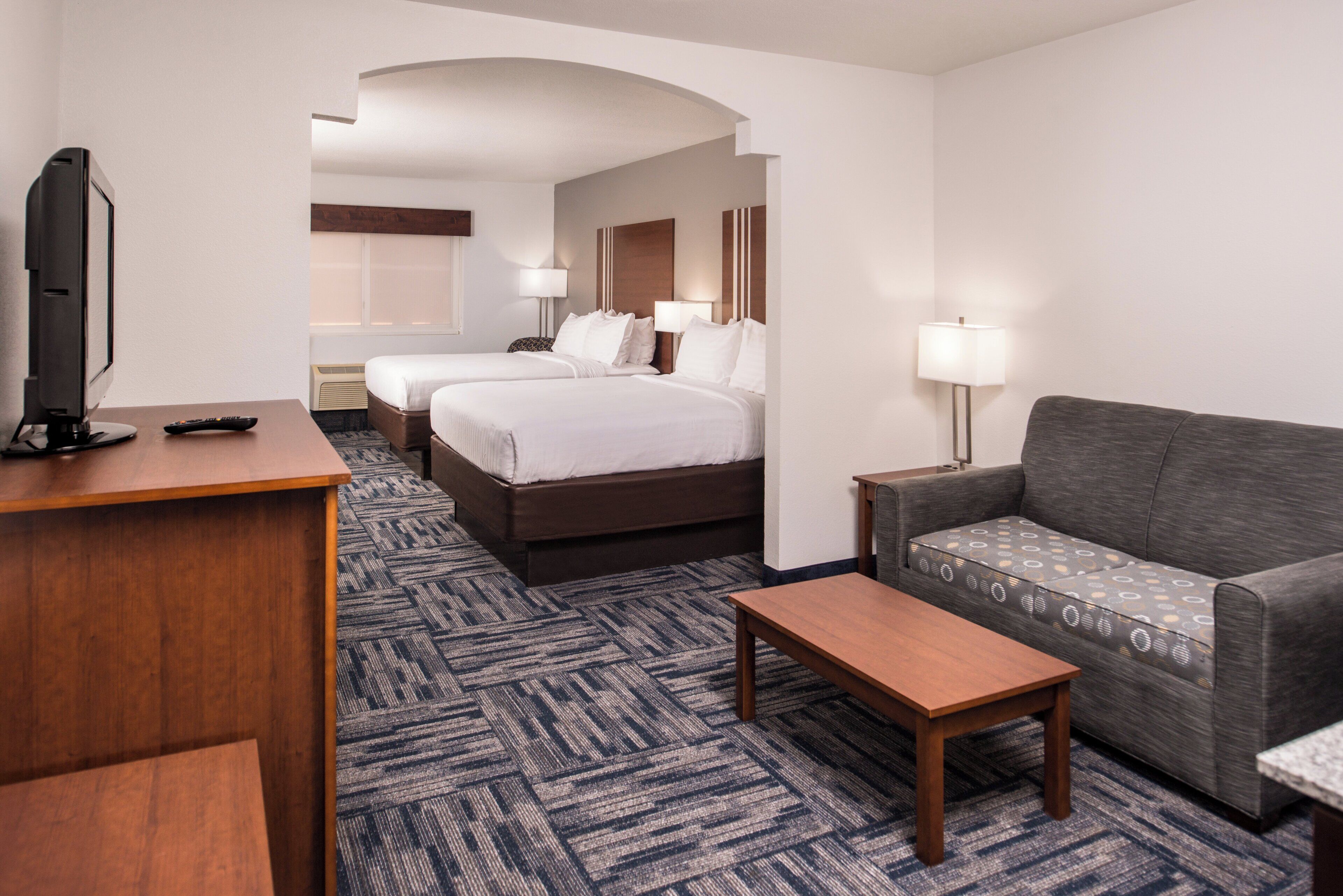 Una habitación de hotel con cama, sofá, escritorio y televisión.