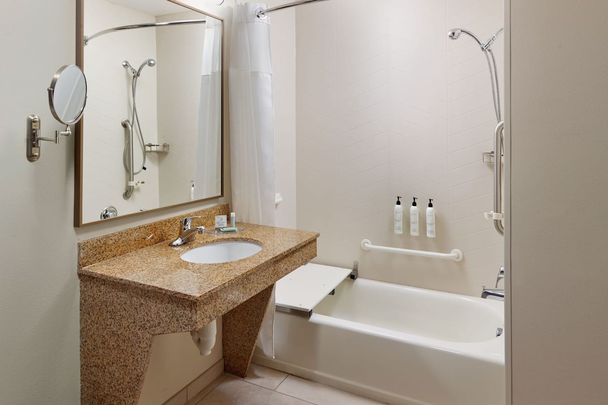 combined shower/bathtub, free toiletries, hair dryer, towels