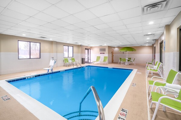 Indoor pool, open 8 AM to 11 PM, pool loungers