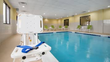 Indoor pool, open 8 AM to 11 PM, pool loungers