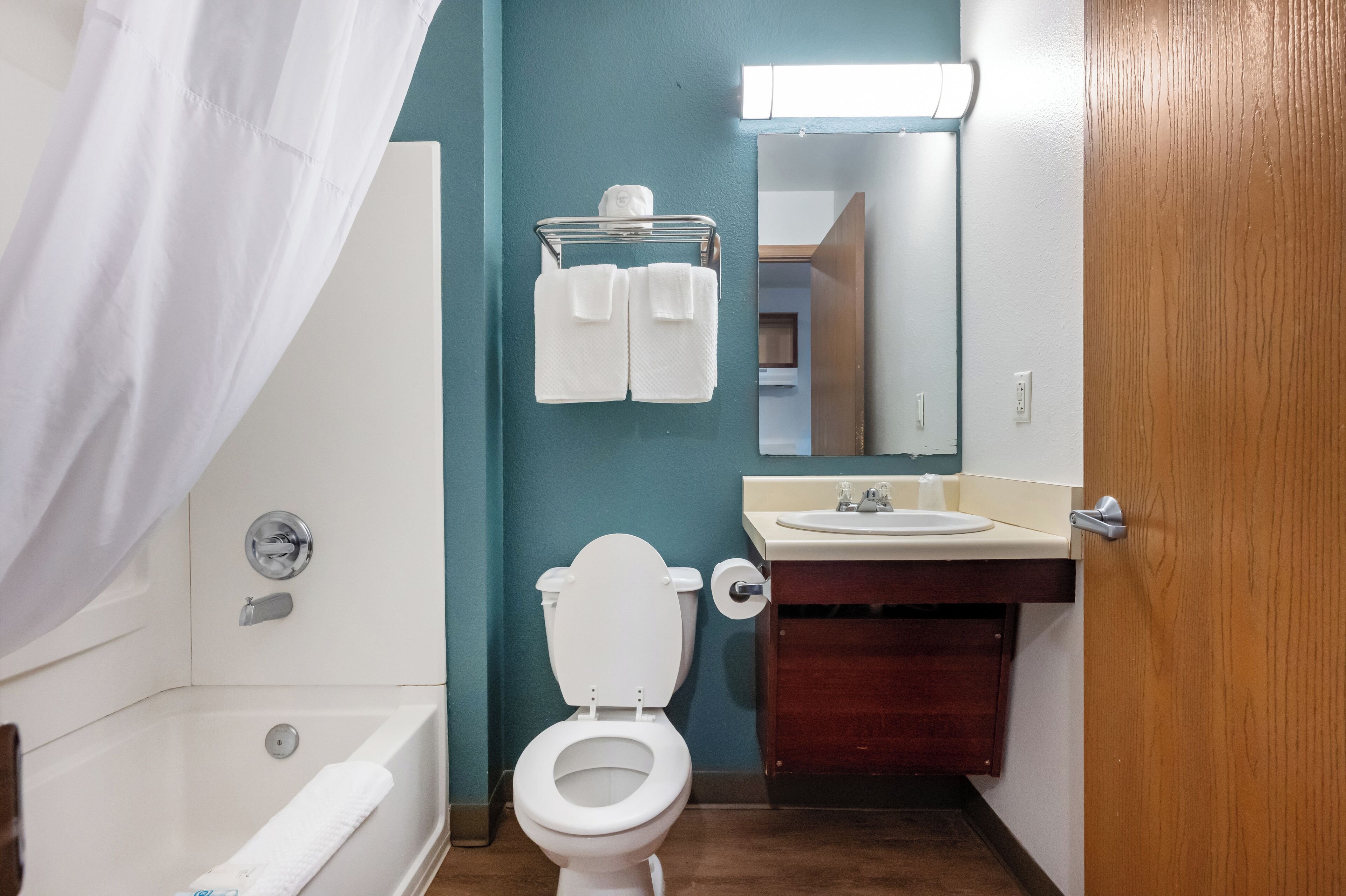 Chambre, 1 grand lit, non-fumeur (Efficiency) | Salle de bain | Ensemble baignoire-douche, articles de toilette (gratuits)