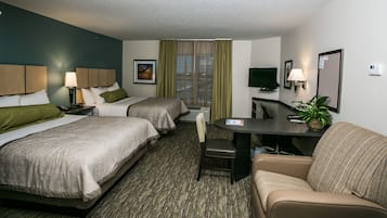 Premium bedding, desk, blackout drapes, iron/ironing board