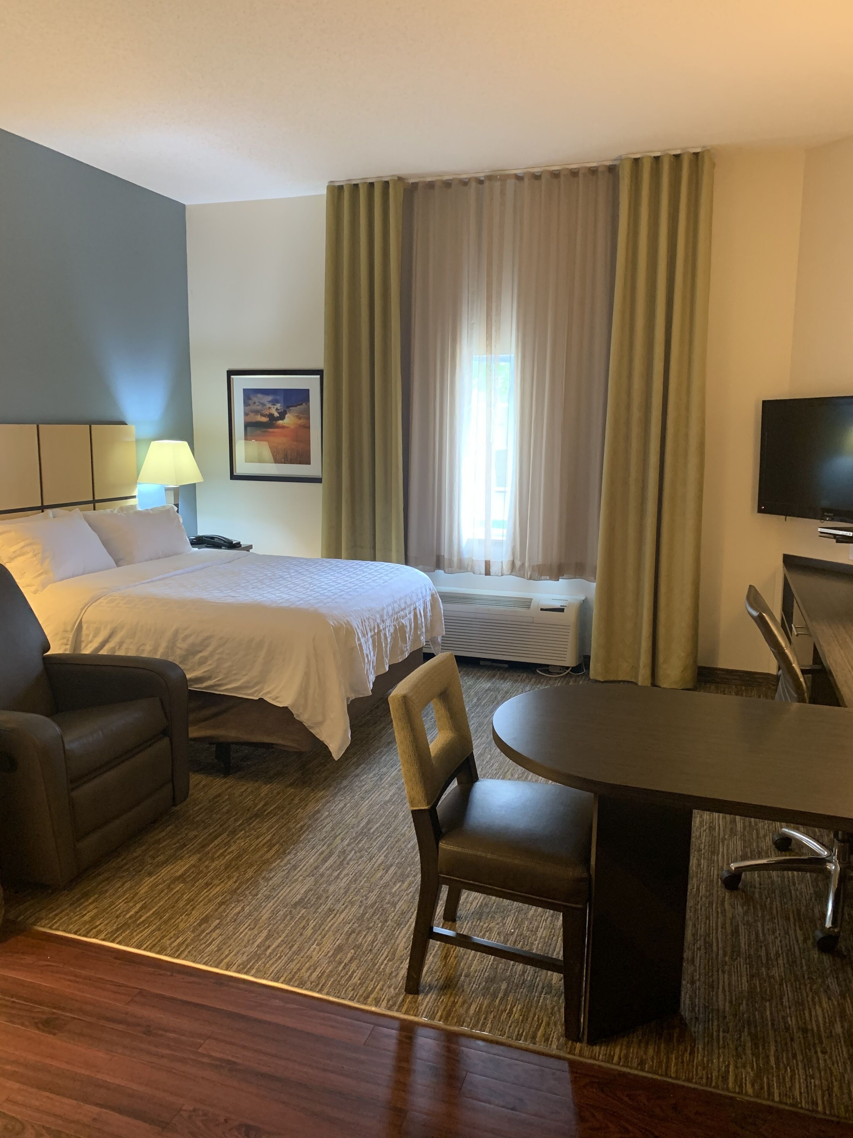Premium bedding, desk, blackout curtains, iron/ironing board