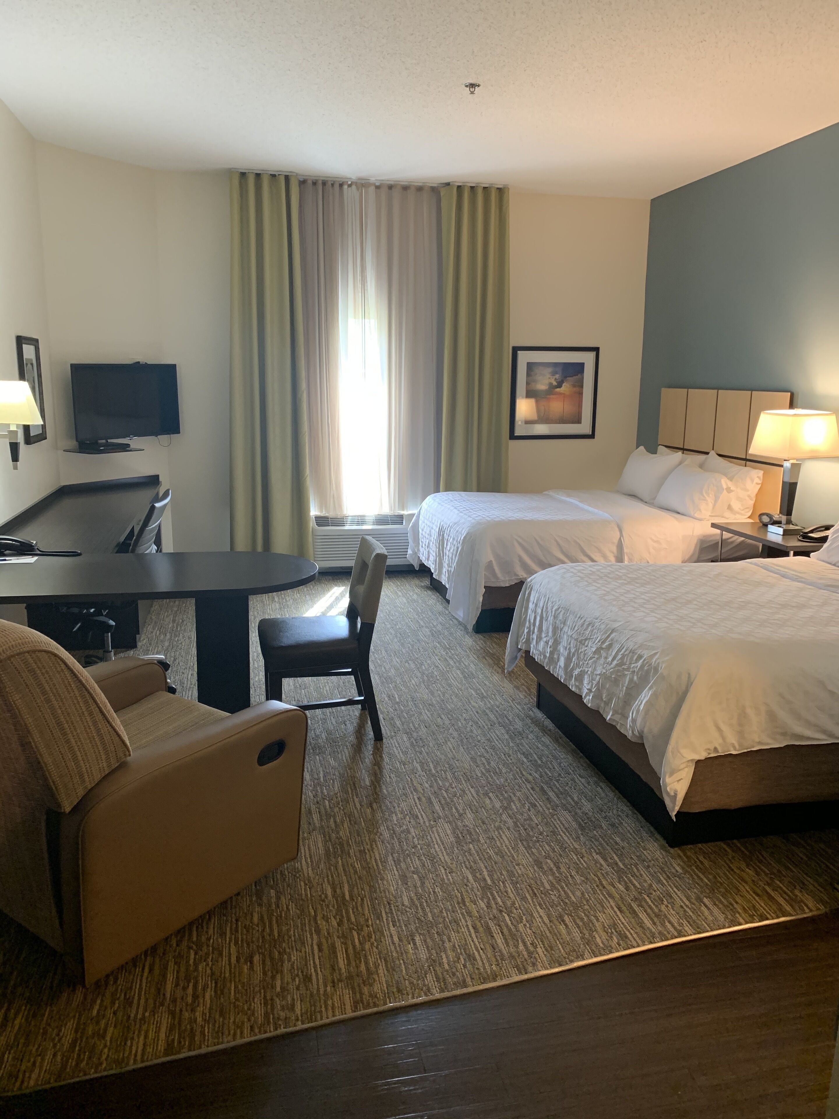 Premium bedding, desk, blackout curtains, iron/ironing board