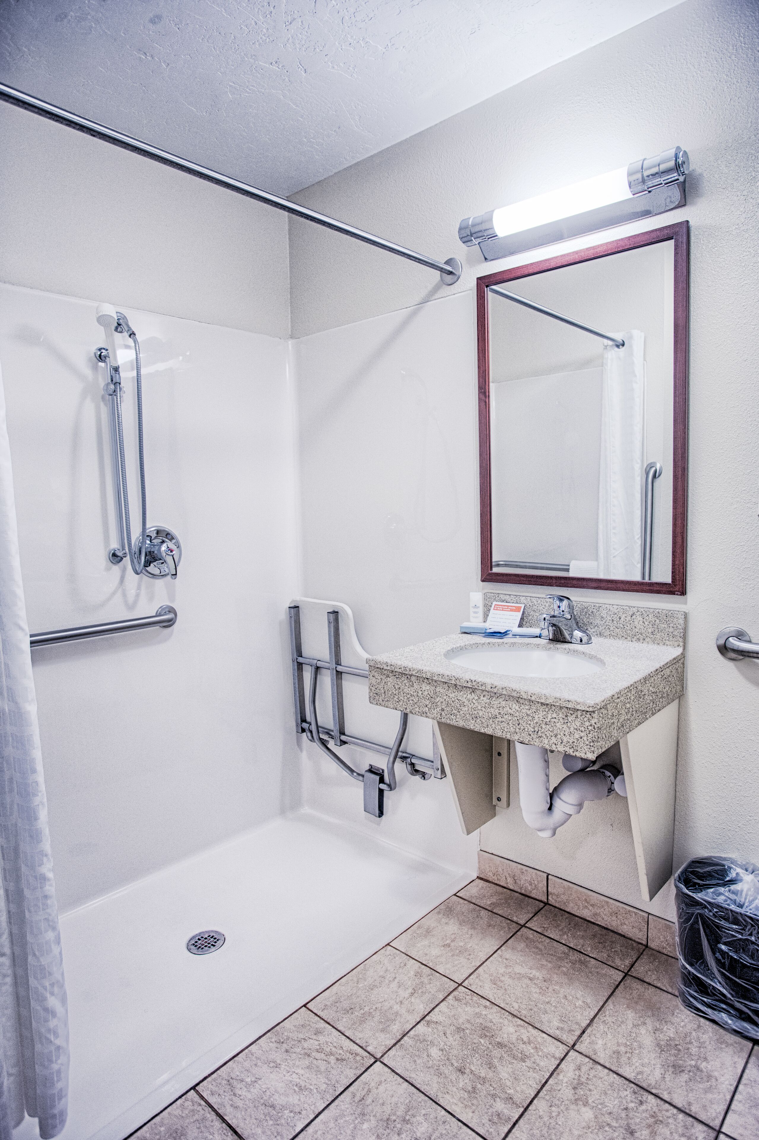 A bathroom with a shower, grab bars, a sink, and a mirror.