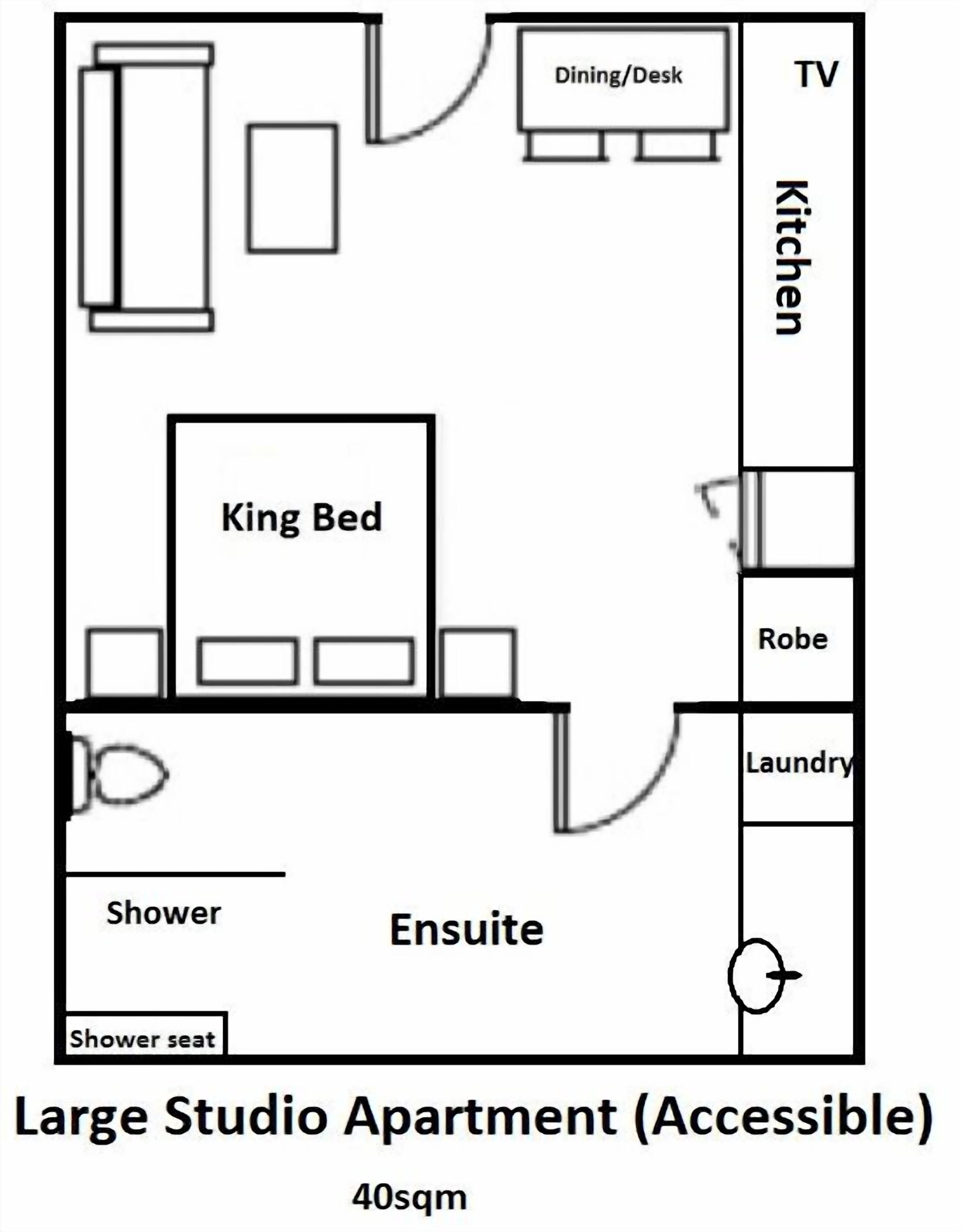 A large studio apartment layout with a king bed, dining area, TV, kitchen, robe, laundry, and an ensuite bathroom.