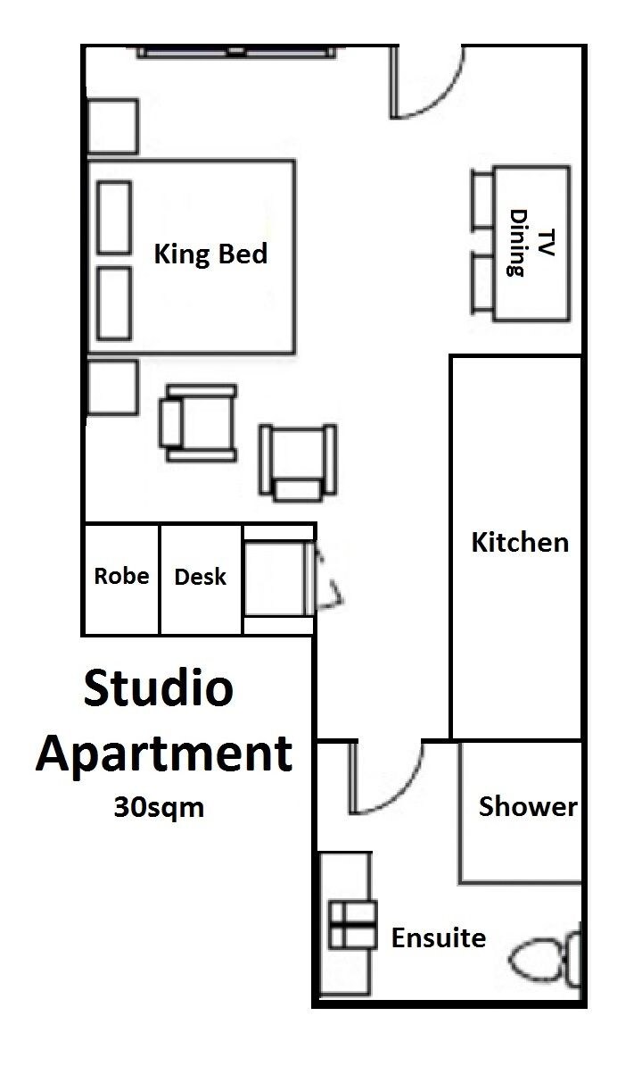 A studio apartment layout with a king bed, TV, dining area, kitchen, robe, desk, shower, and ensuite.
