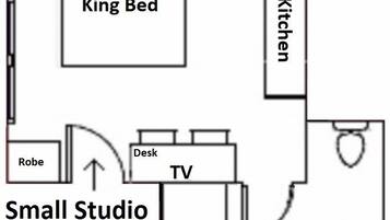 A small studio apartment layout with a king bed, kitchenette, TV, desk, robe, shower, and ensuite.