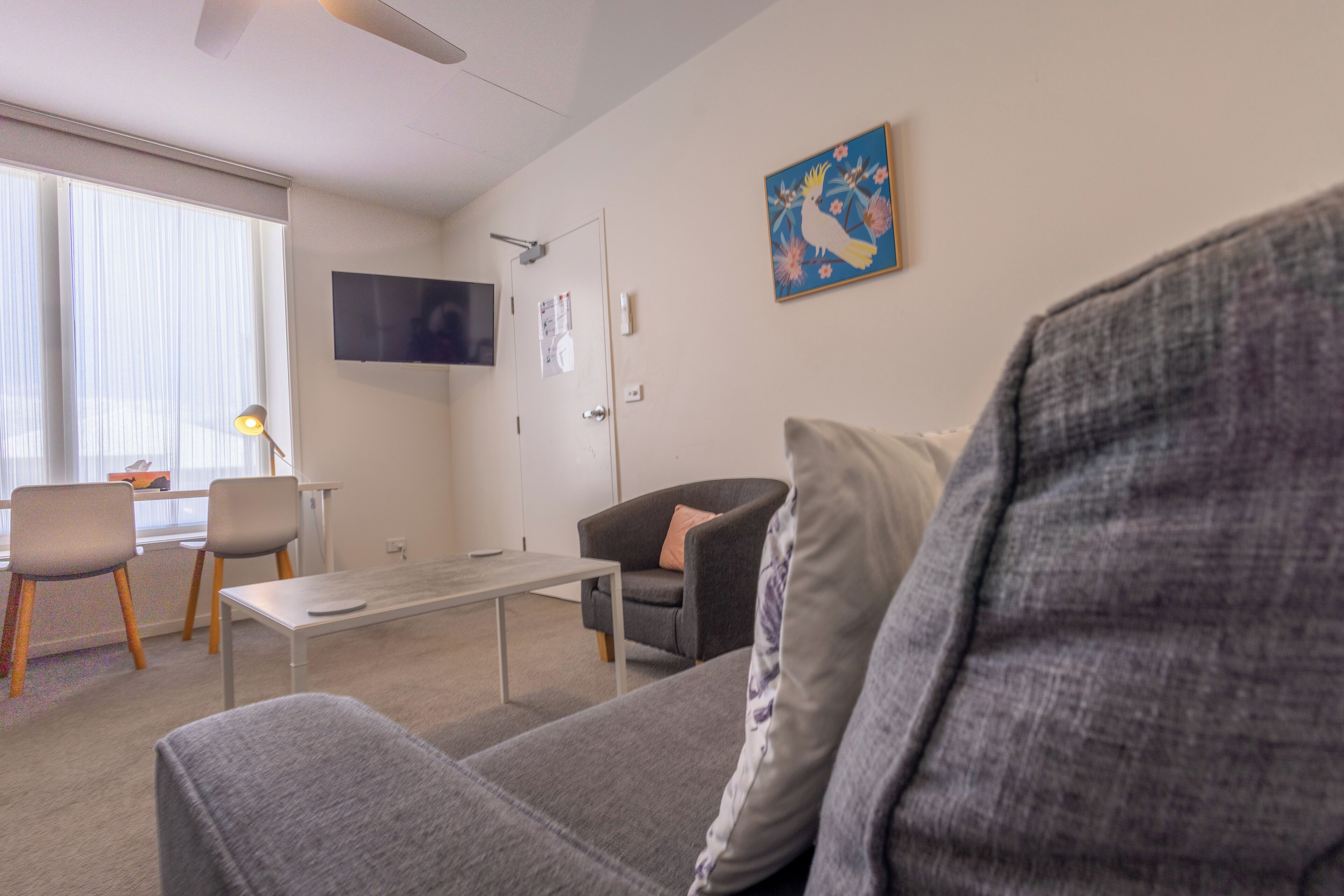 A modern living room with a grey sofa, a small table, and a TV mounted on the wall.