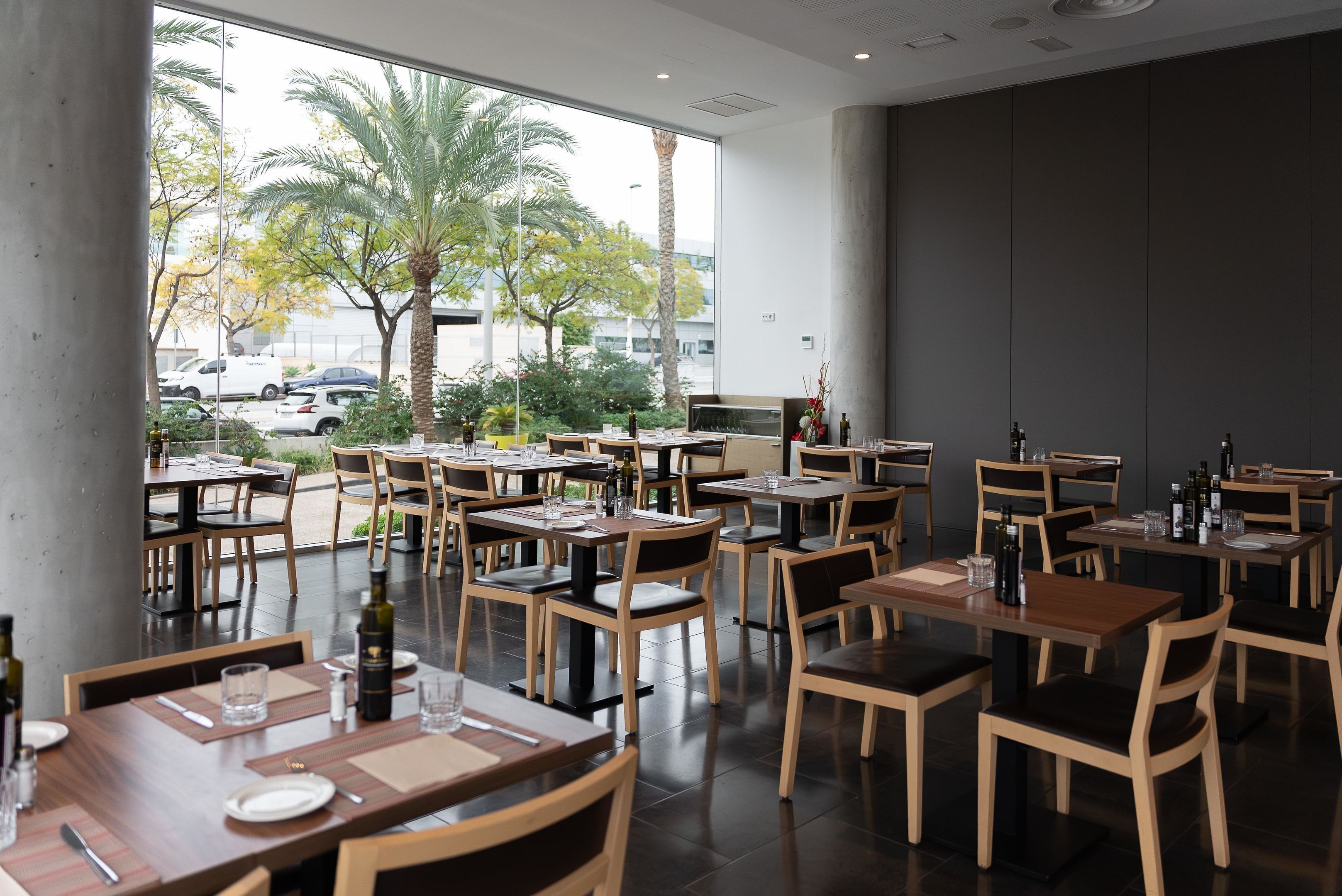 A restaurant with multiple tables and chairs, large windows offering a view of palm trees and parked cars outside.