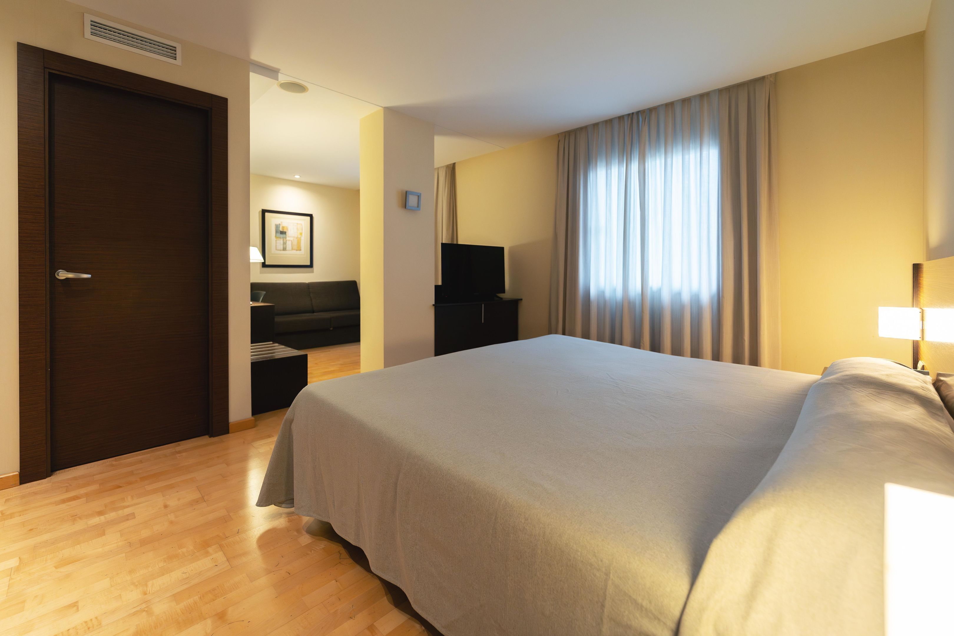 Una habitación de hotel con una cama grande, televisión, sofá y escritorio.