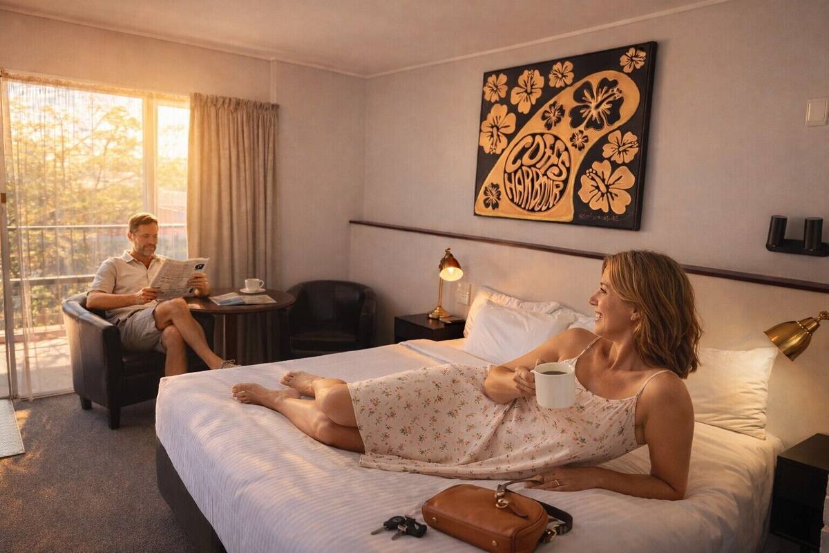 A hotel room with a bed, a bedside table with a lamp, a window with curtains, and a painting on the wall.