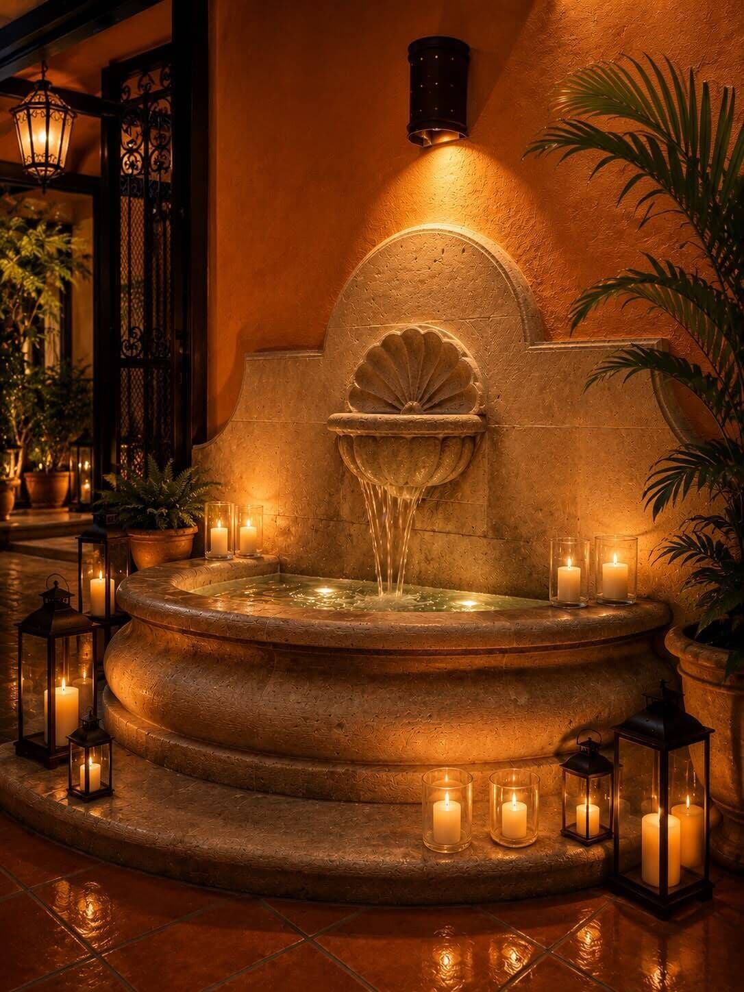 Ein Brunnen, aus dessen Mittelpunkt Wasser sprüht, umgeben von Kerzen und Laternen, vor einer strukturierten Wand mit dekorativem Bogen.