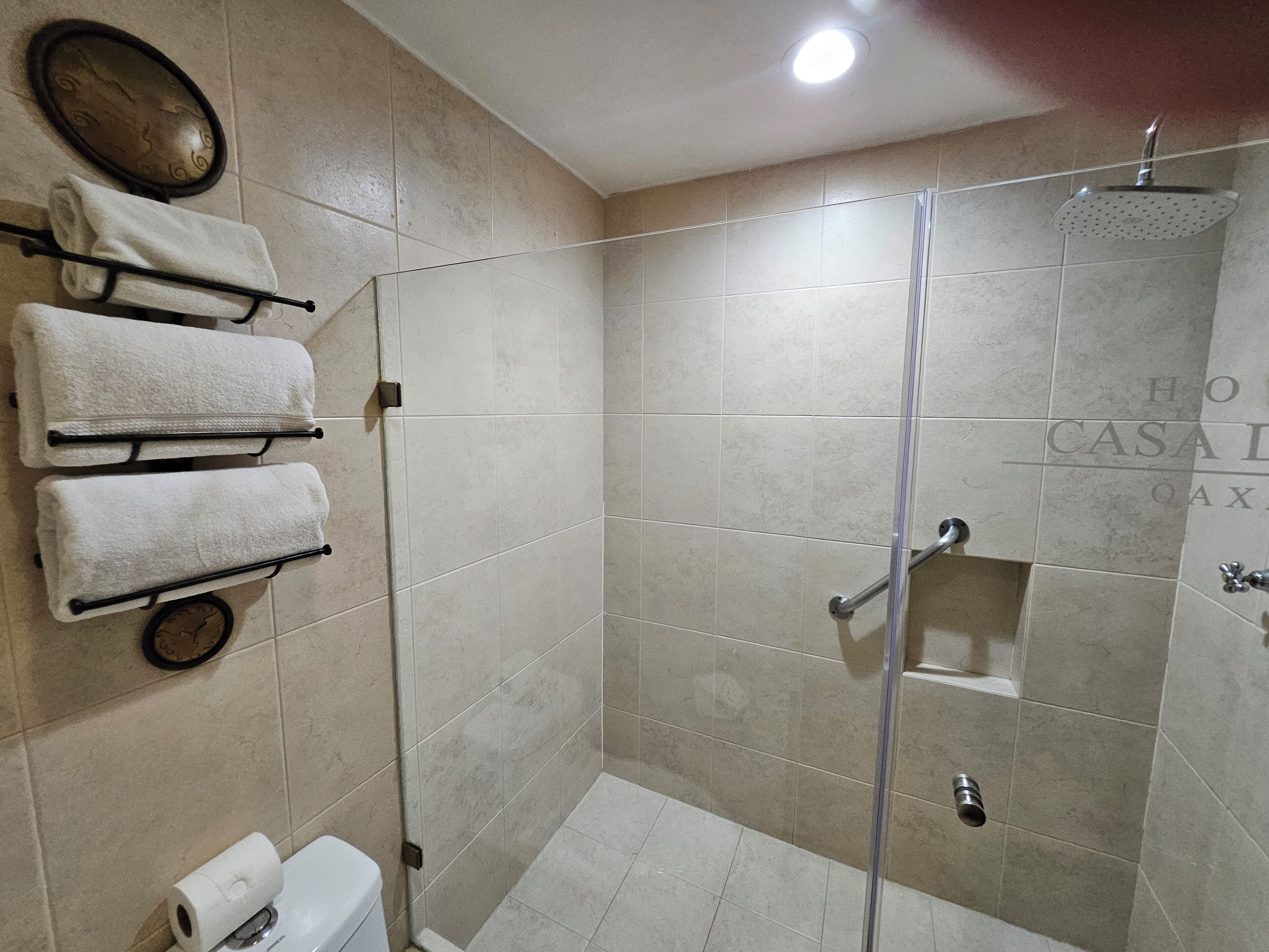 Ducha con puerta de cristal, toallero con toallas y un inodoro con dispensador de papel higiénico.