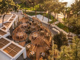 An outdoor dining area with multiple wooden tables and chairs, surrounded by trees and a view of the water.