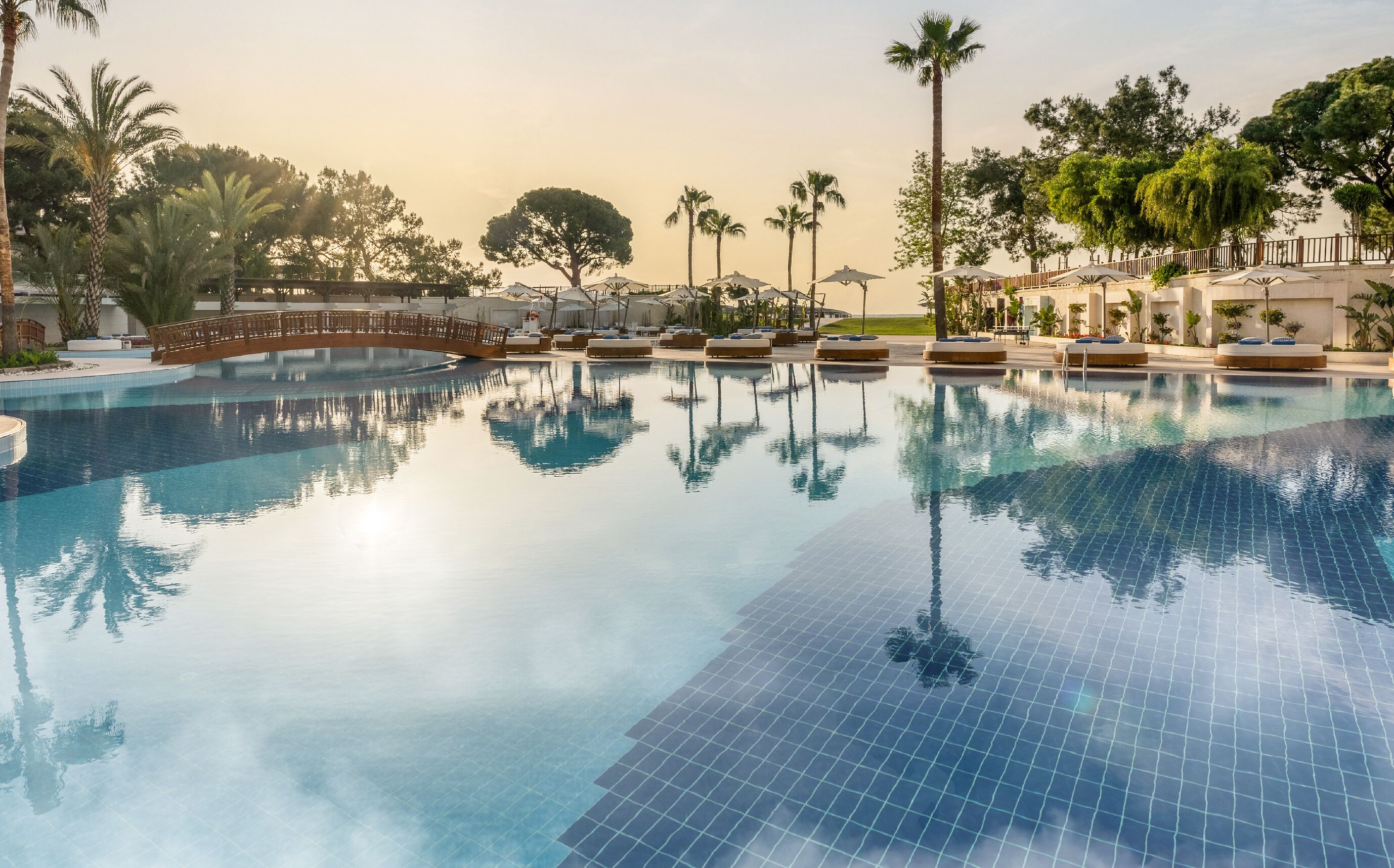Ein Pool mit einer Holzbrücke, Liegestühlen und Palmen.