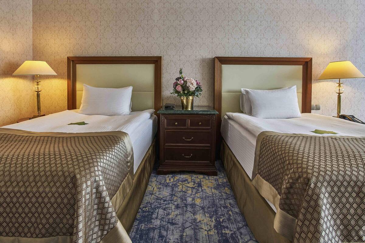 A hotel room with two beds, a nightstand between them, and a patterned carpet.