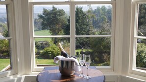 A table with a champagne bottle and glasses, set against a window with a view of a green landscape.