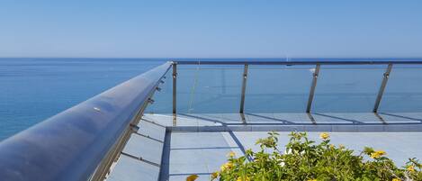 A balcony with a metal railing overlooking the sea, featuring a flower bed with yellow flowers.