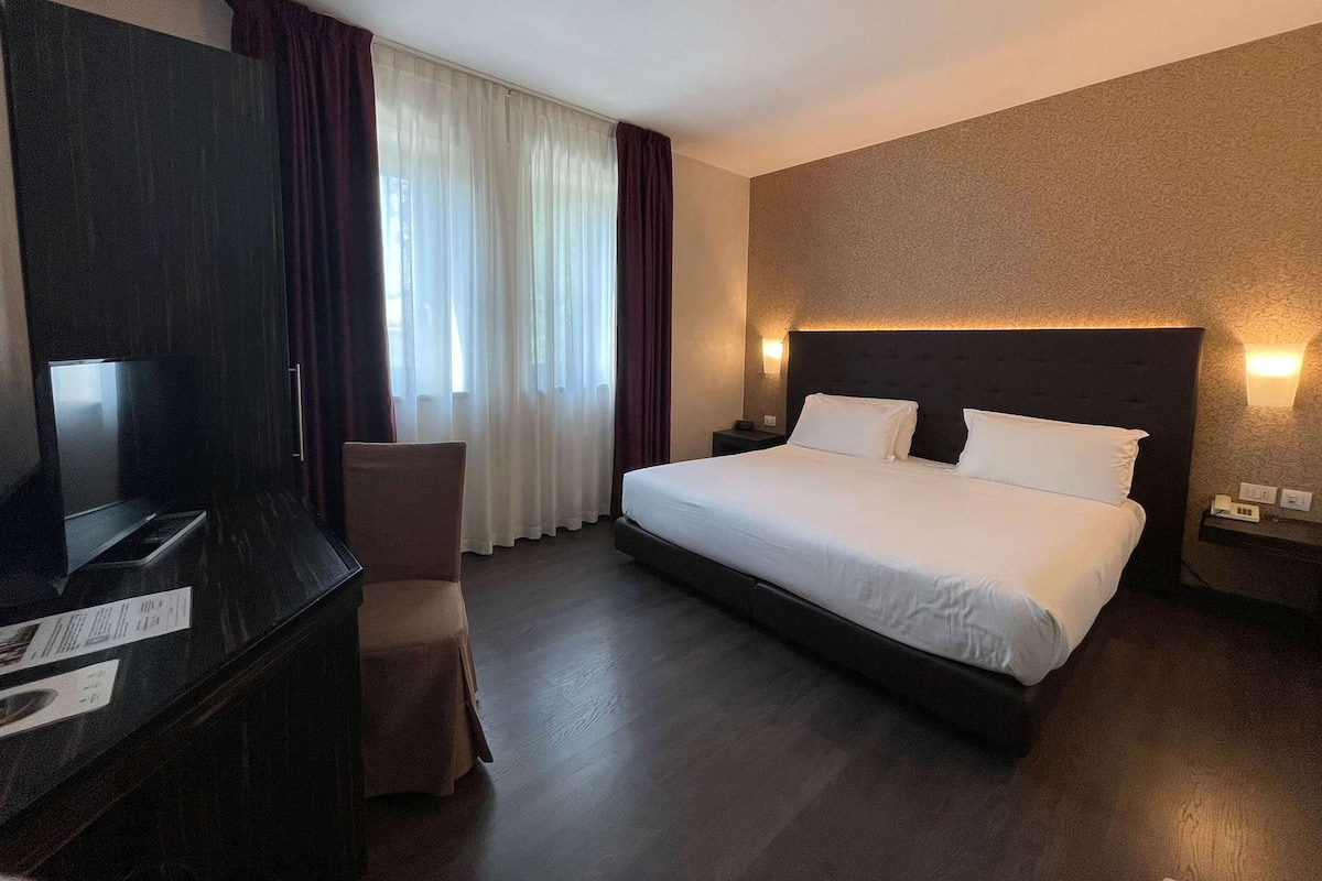 A hotel room with a large bed, a TV, a desk, and a chair.