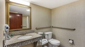 A bathroom with a granite sink, a mirror with a gold frame, a toilet, and a towel rack.