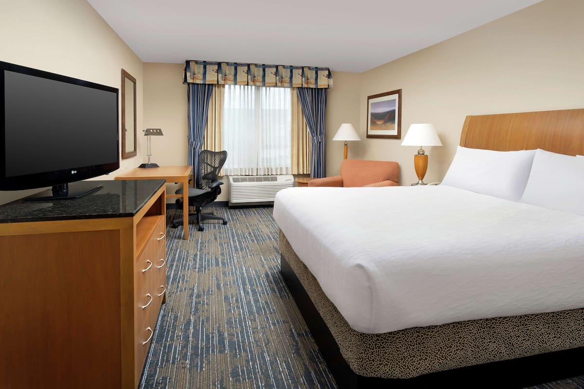 A hotel room with a large bed, a desk with a flat-screen TV, a chair, two lamps, and a window with curtains.