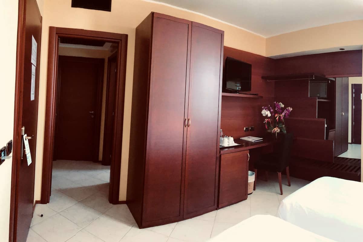 A hotel room with a bed, a desk, a wardrobe, and a bathroom.
