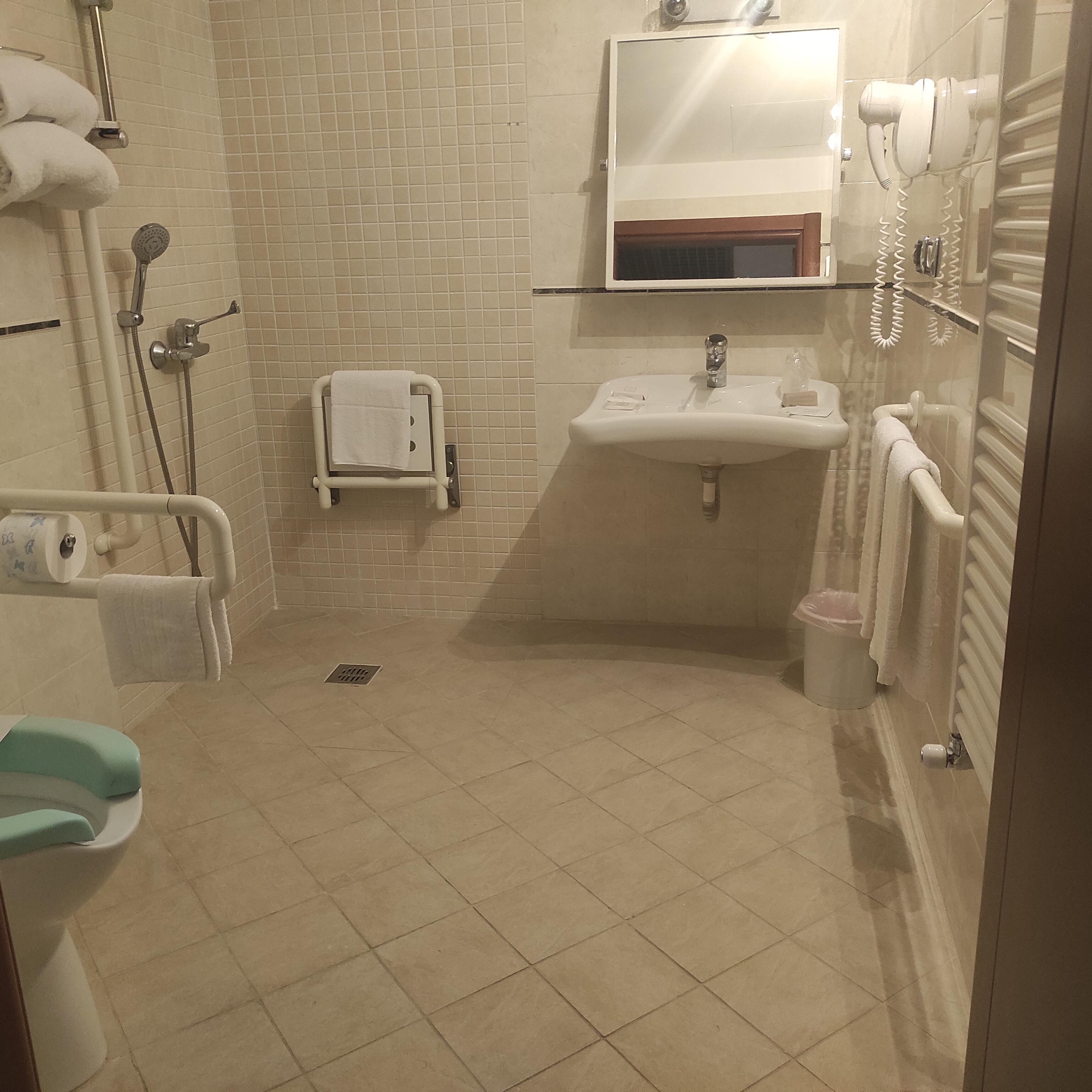 Une salle de bain équipée d’une douche, d’un lavabo, d’un miroir et d’un porte-serviettes.